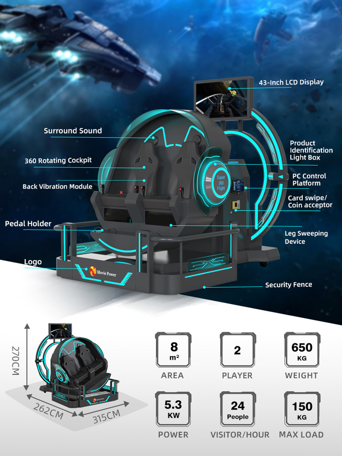 VR 360 2 Koltuk 9d Roller Coaster VR Makineleri 360 Dönüm Vr Sinema 360 Derece Uçan Sandalyeler Simülatörü 1